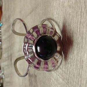 Black Stone Silvertone Slip on Bracelet